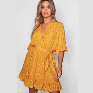 Boohoo Butterscotch Gold Faux Wrap Polka Dot Dress